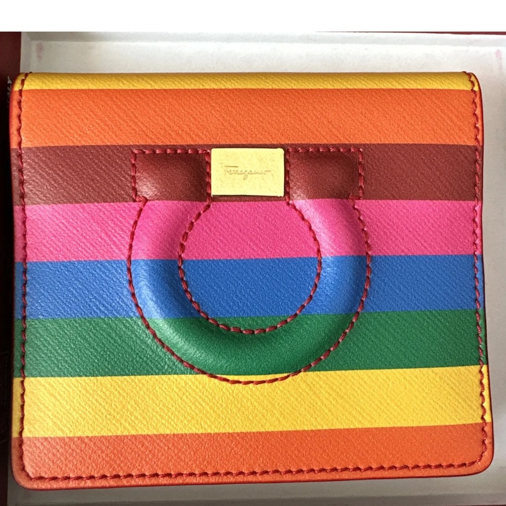 salvatore ferragamo mens bifold wallet leather LGBT Flag Authentic Pre Owned box